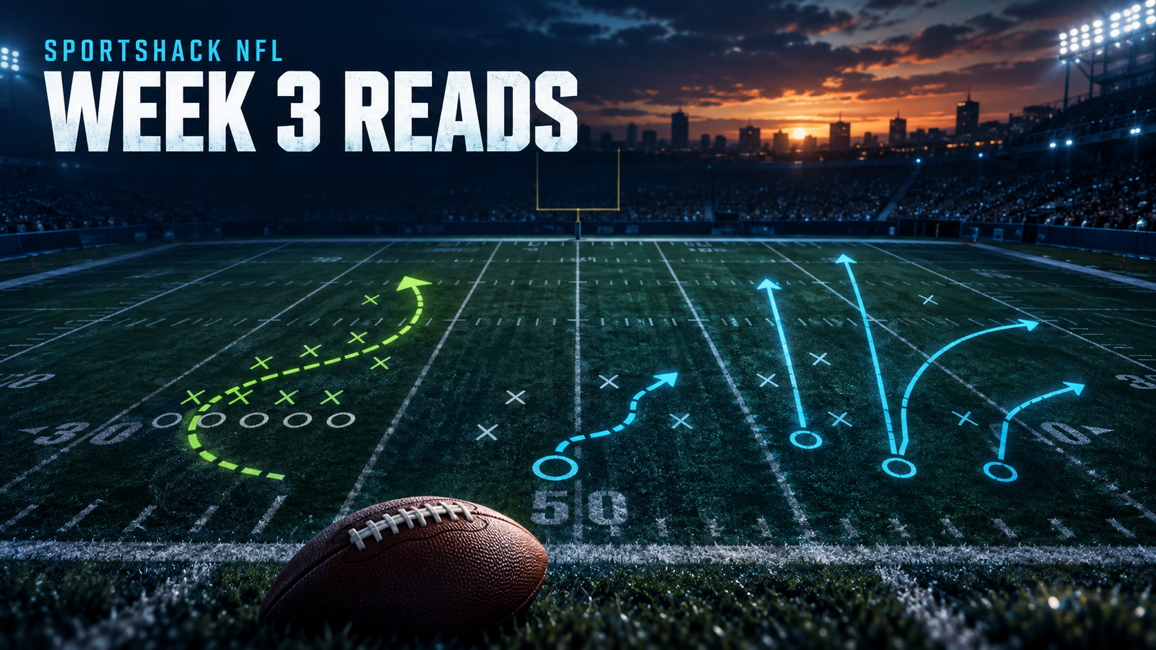 Week 3 football field graphic showing rushing, passing, and quarterback movement routes.